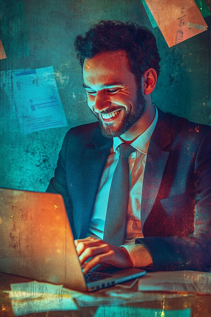 American man smiling at laptop screen after loan approval notification