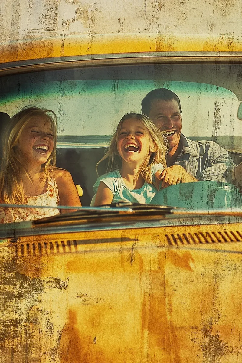 American family laughing inside car on a road trip financed through security loans