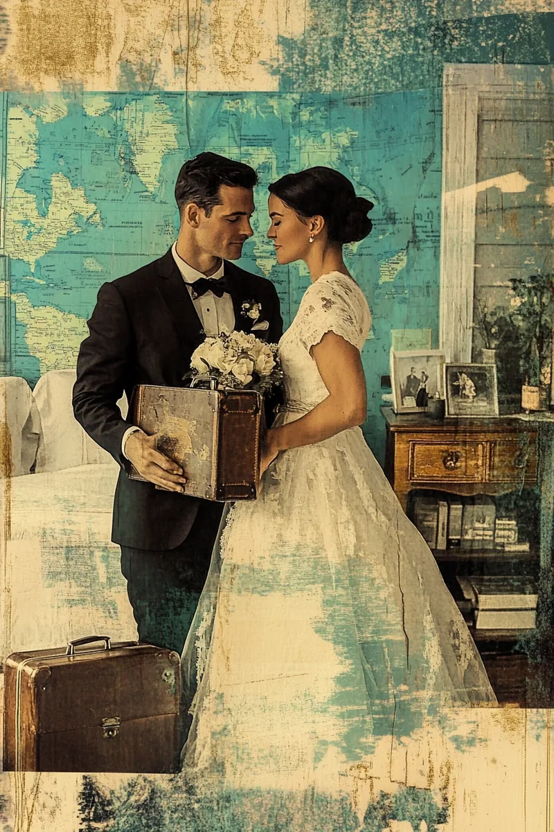 American newlywed couple packing suitcases for honeymoon trip